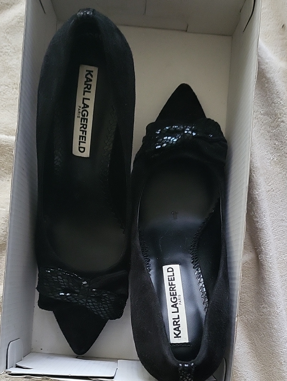 Karl Lagerfeld Black Pointed Suede Ballet Flats with Bow Detail